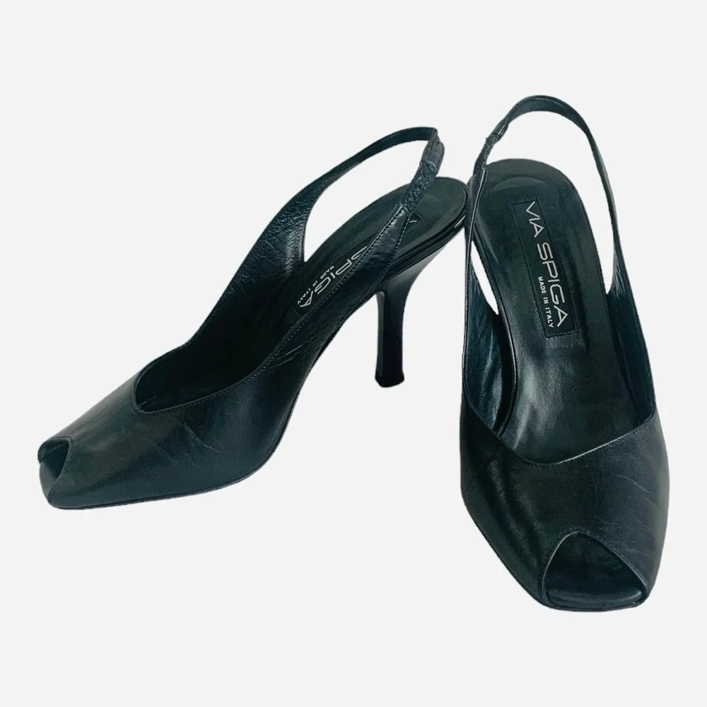 VIA SPIGA Black Leather High Heel Slingback Pumps Women’s Size 5